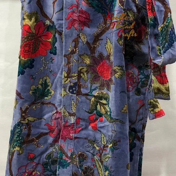 Floral Print Velvet Kimono Luxury Jacket, Party Boho Robe Lounge Wear - Unisex - Picture 5 of 16